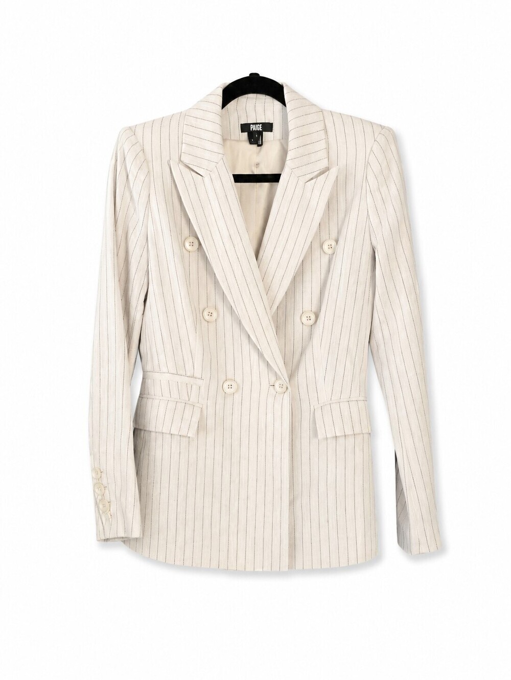 PAIGE Size 2 Hourglass Cinched Waist Pinstripe Double Breasted Power Blazer $399 - Picture 2 of 13